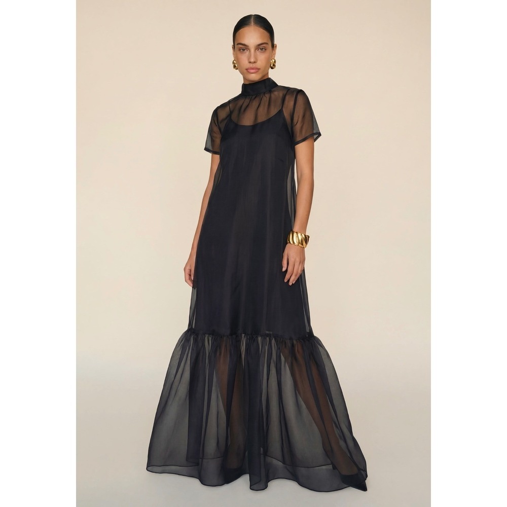 NWT CAARA Melody High Neck Organza Tie Neck Tiered Hem Dress Black - Size Large - Picture 5 of 12